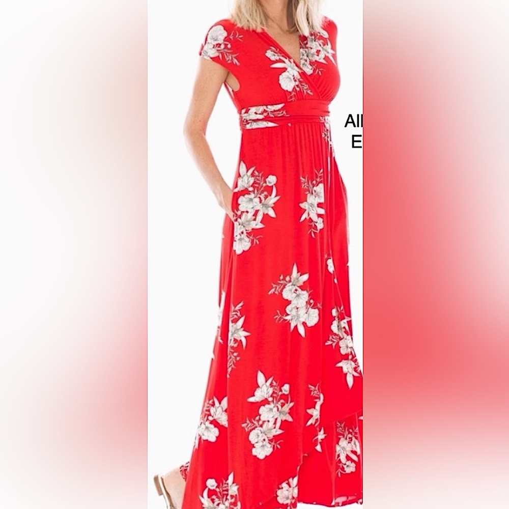 Soma Cap Sleeve Maxi Dress Lush Tropic Poppy Red Comfy Faux Wrap Womens Small